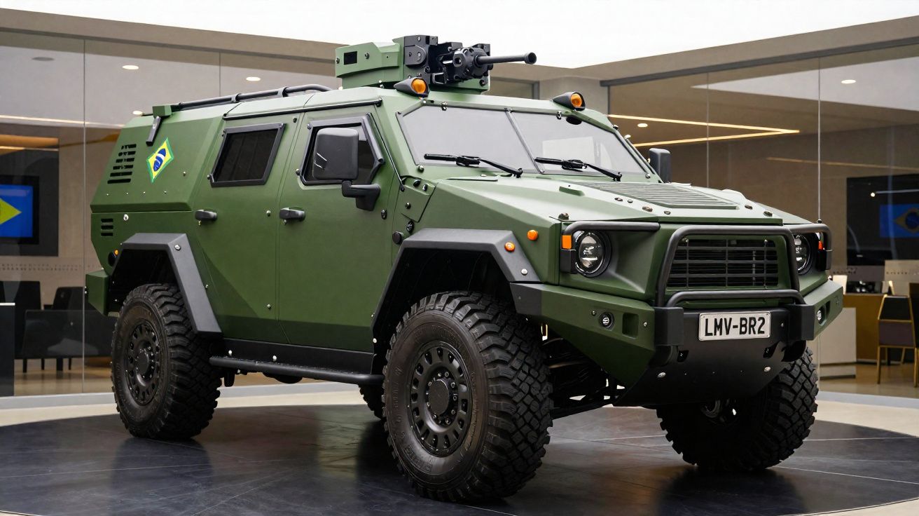 Veículo blindado militar verde com bandeira do Brasil exposto em ambiente interior moderno.