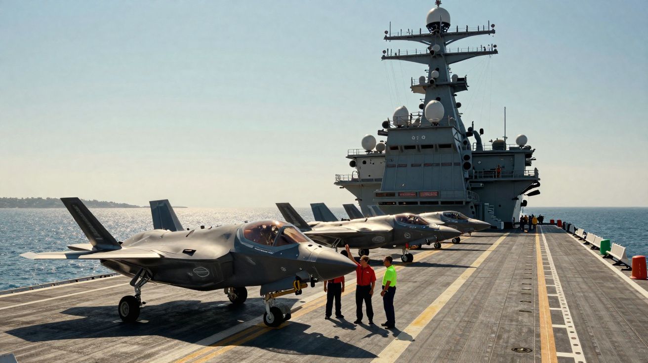Porta-aviões no mar com três caças estacionados no convés e tripulação em comunicação junto a uma aeronave.
