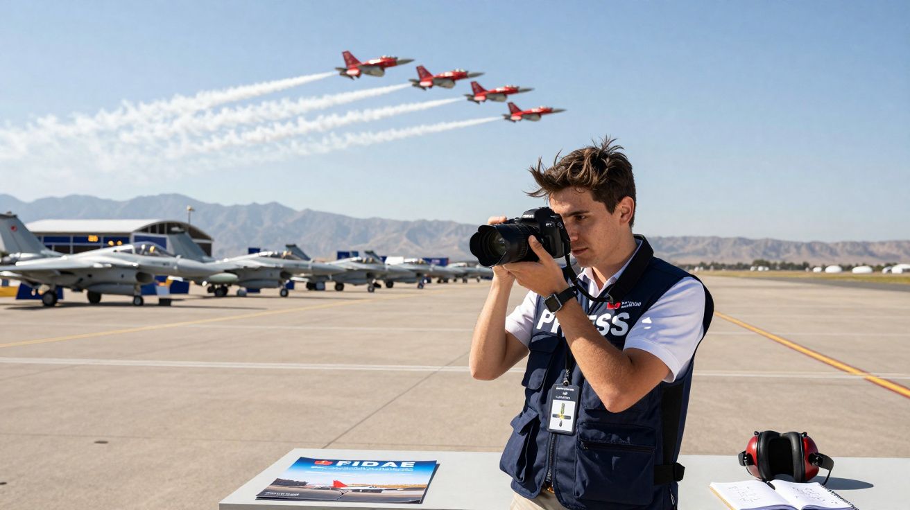 Jornalista com colete de imprensa fotografa aviões no aeroporto com aviões em formação no céu.