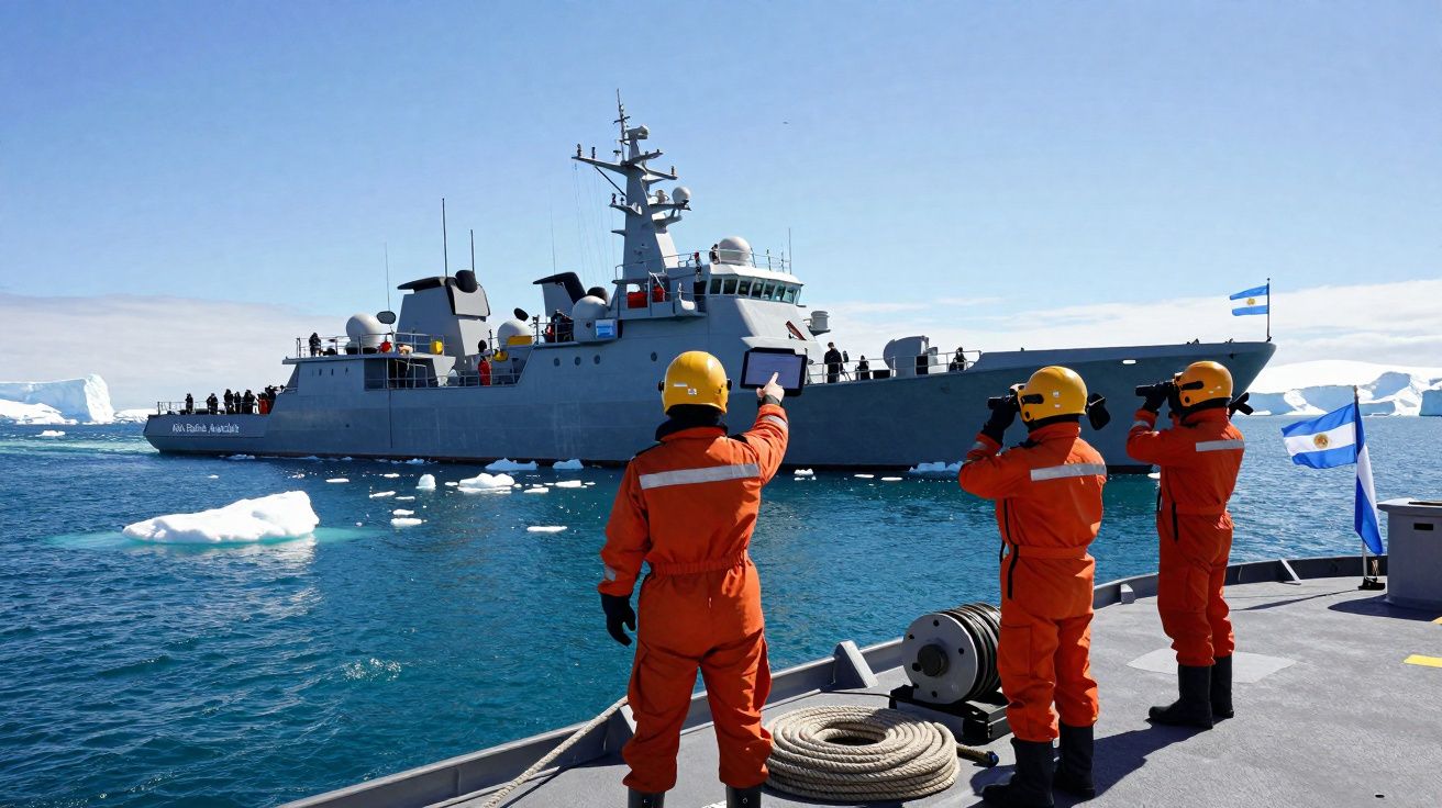 Três pessoas em fato de proteção laranja a tirar fotos a um navio militar cinzento numa zona fria com gelo flutuante.