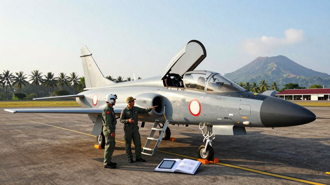 Dois pilotos junto a um caça estacionado num aeroporto com montanha e palmeiras ao fundo.