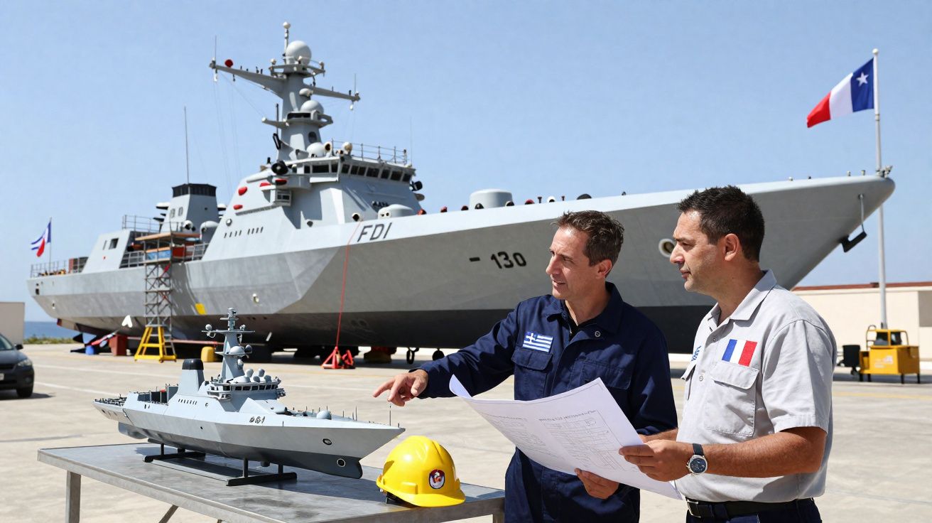 Dois homens com uniformes discutem planos junto a um modelo de navio de guerra com uma fragata ao fundo.