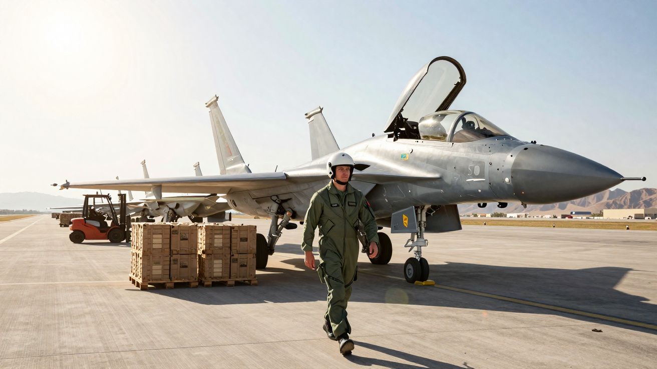 Avião militar estacionado numa pista com um piloto de fato verde e capacete a caminhar ao lado.