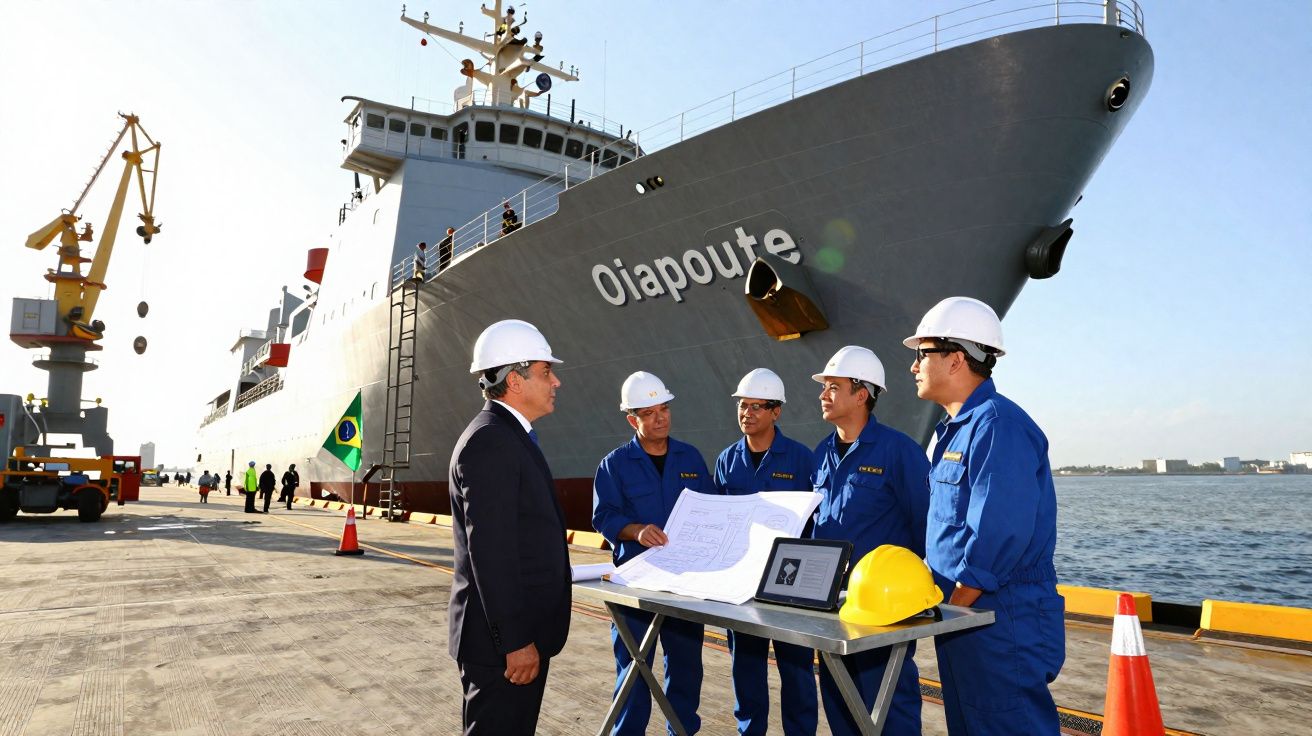 Homens com capacetes discutem planos junto a um navio mercante chamado Oiapoute num porto sob céu limpo.