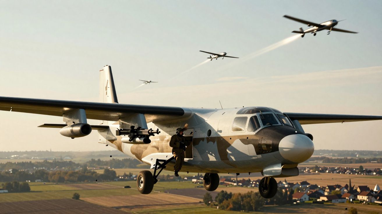 Avião militar em voo baixo com soldado a preparar-se para saltar e drones a sobrevoar campo rural ao fundo.