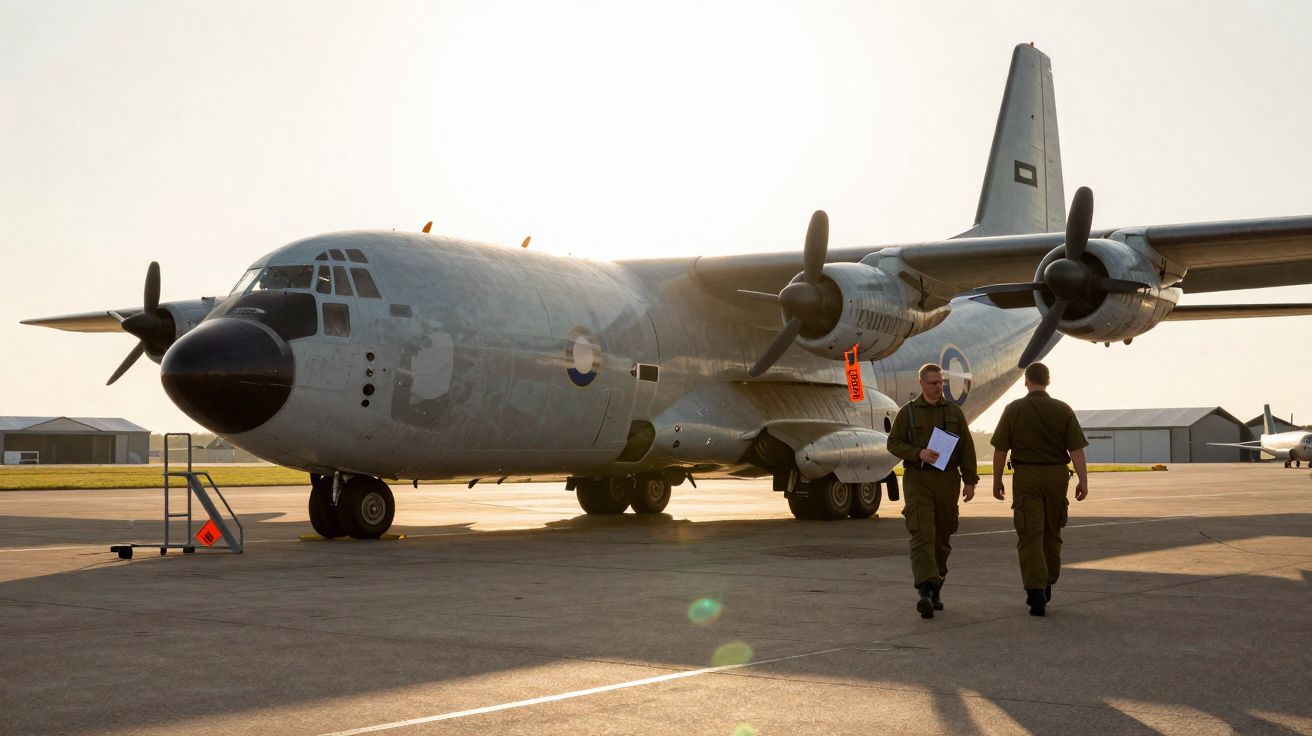 Avião militar estacionado no solo com dois militares a caminhar ao lado durante o pôr do sol.