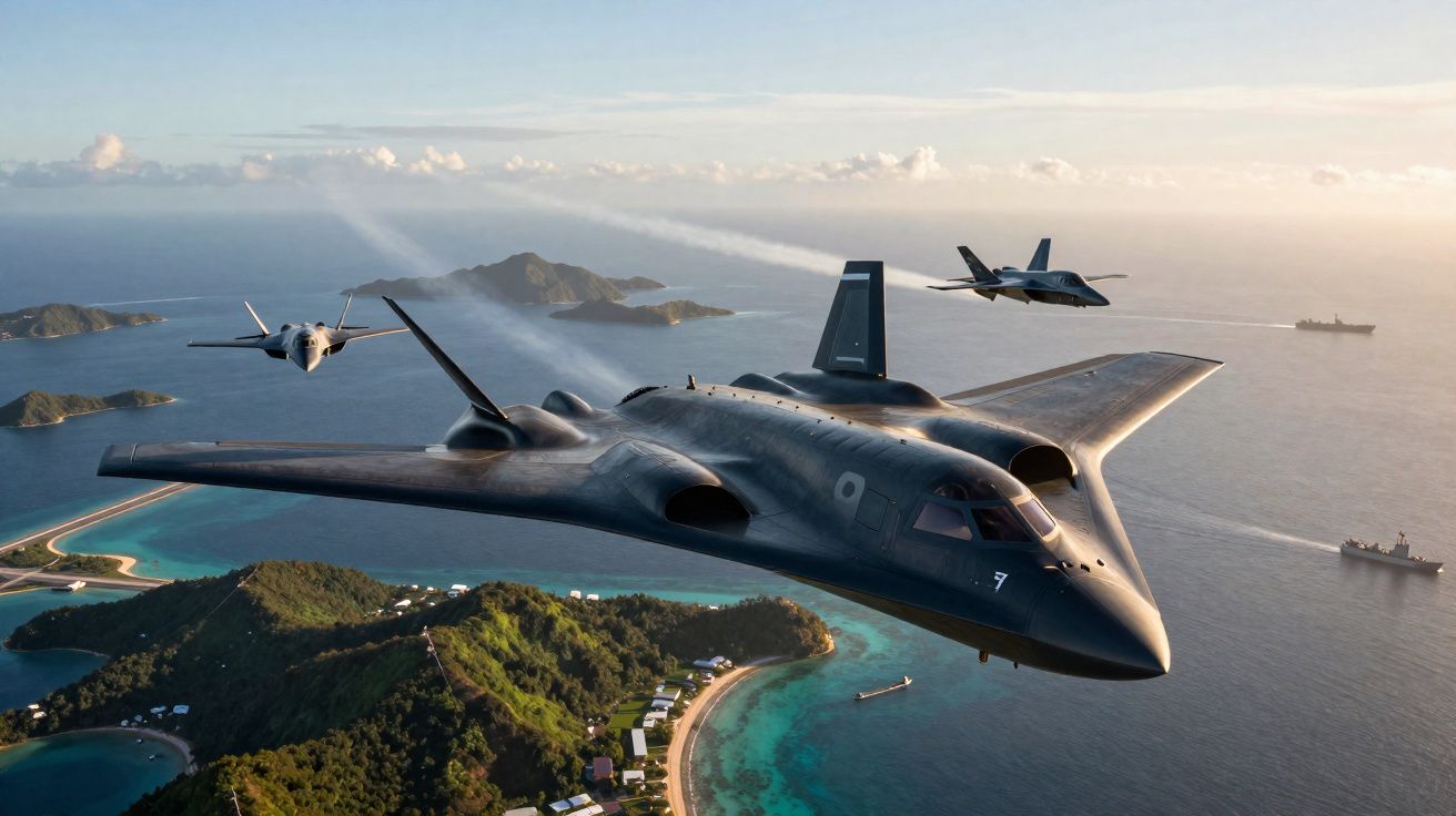 Três aviões militares voando sobre ilhas tropicais com águas azuis e dois navios ao longe.
