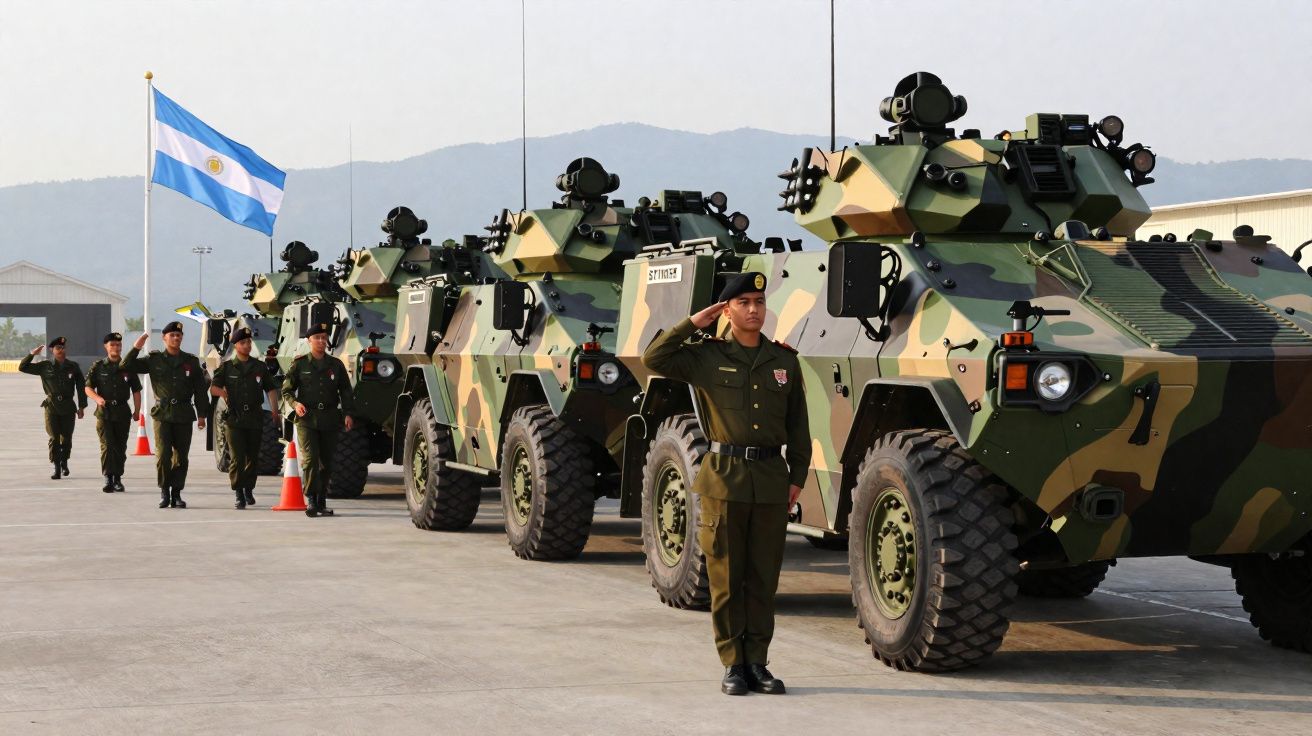 Soldados em uniforme verde e veículos militares camuflados alinhados com bandeira da Argentina ao fundo.