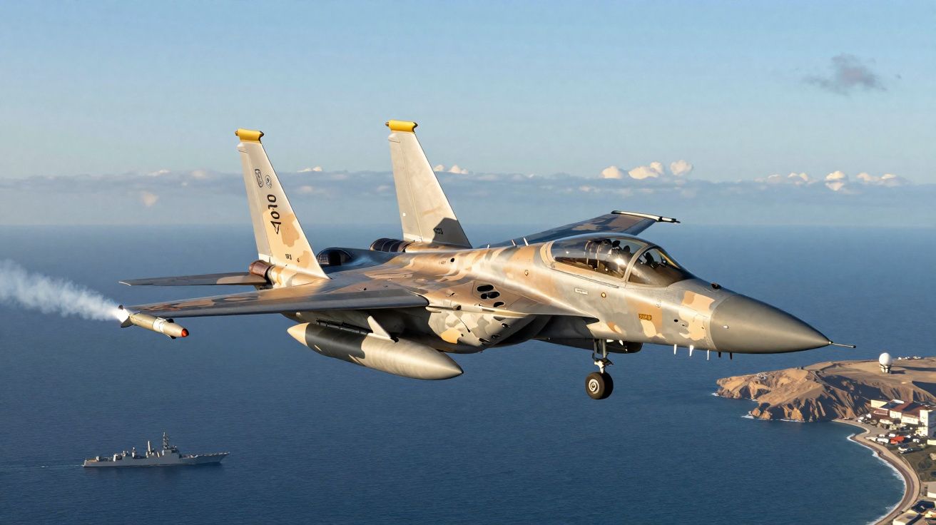 Caça F-15 em voo sobre o mar, disparando míssil com navio de guerra ao longe na costa rochosa.