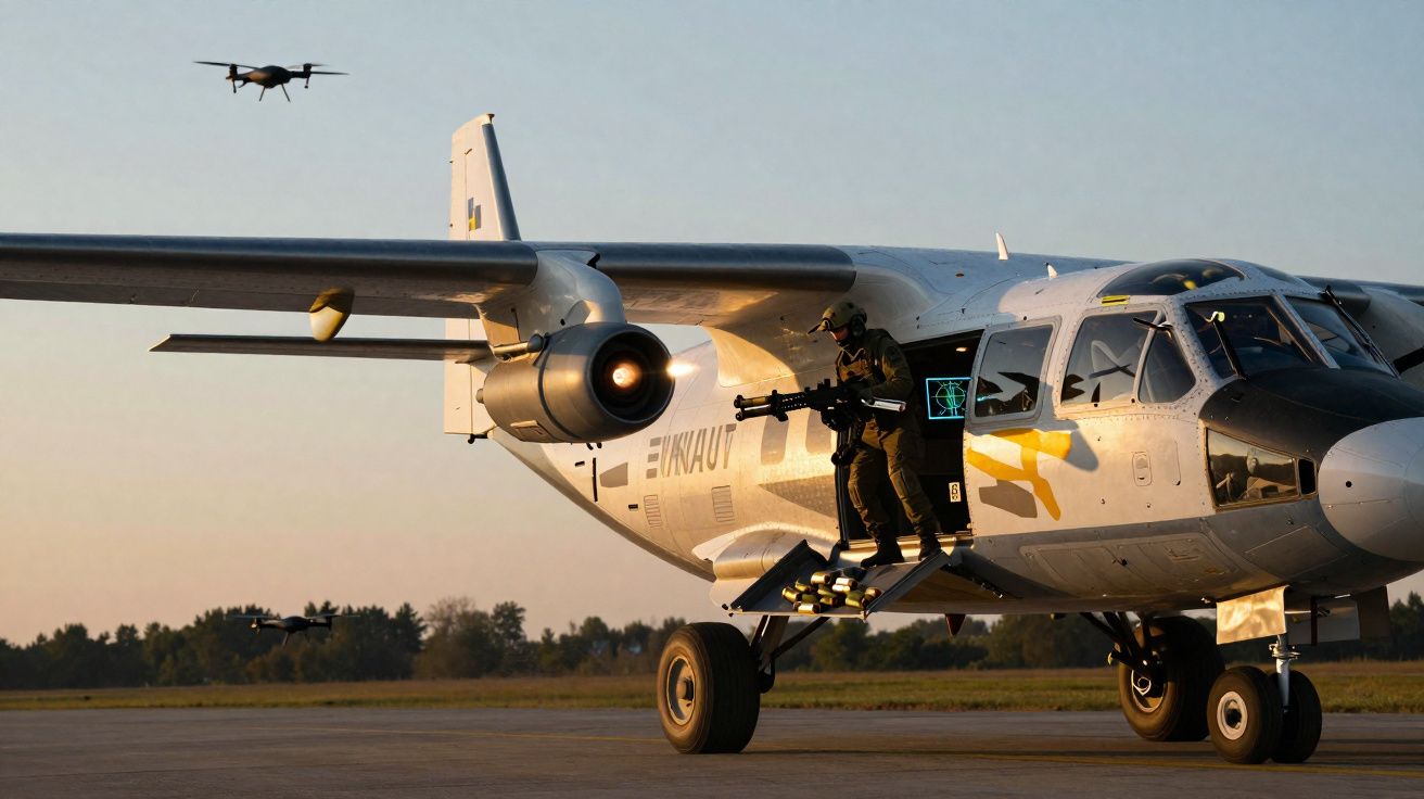 Aeronave militar no chão com soldado armado na porta e drones a voar ao fundo ao pôr do sol.