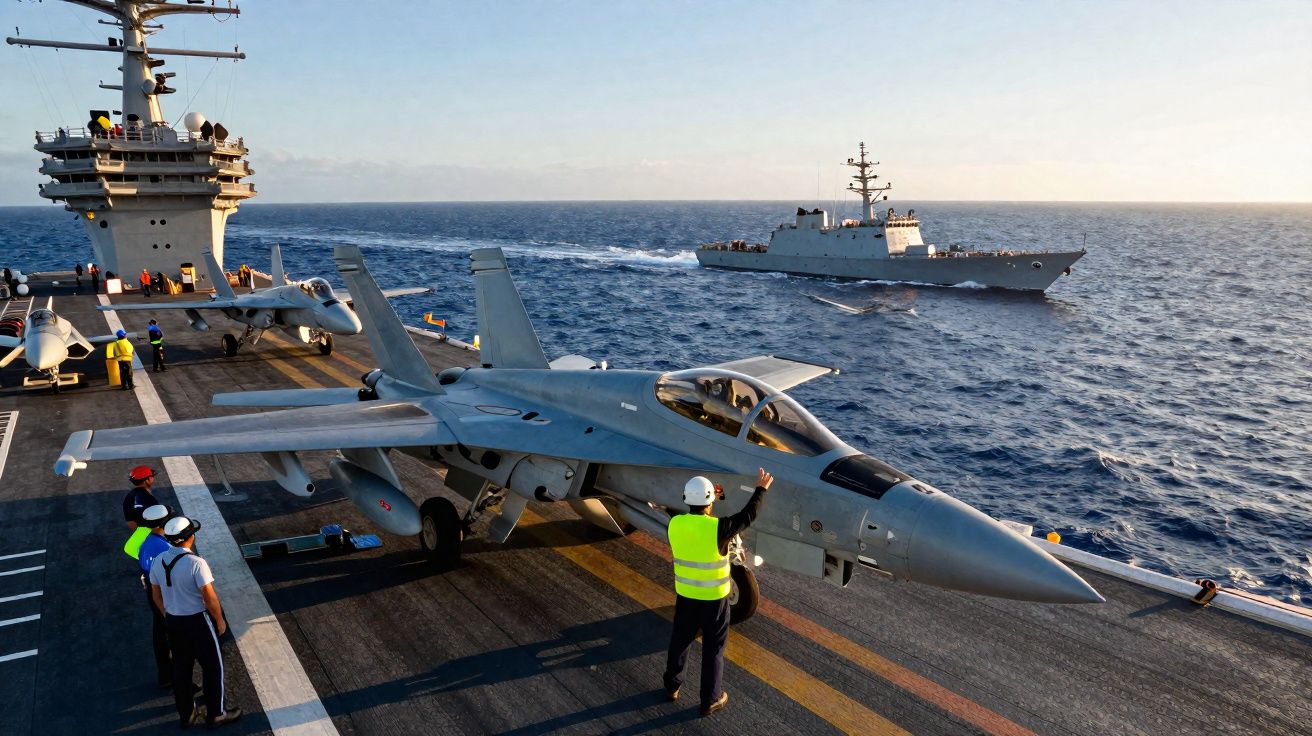 Caça militar no convés de um porta-aviões com tripulação e navio de guerra ao largo no mar.