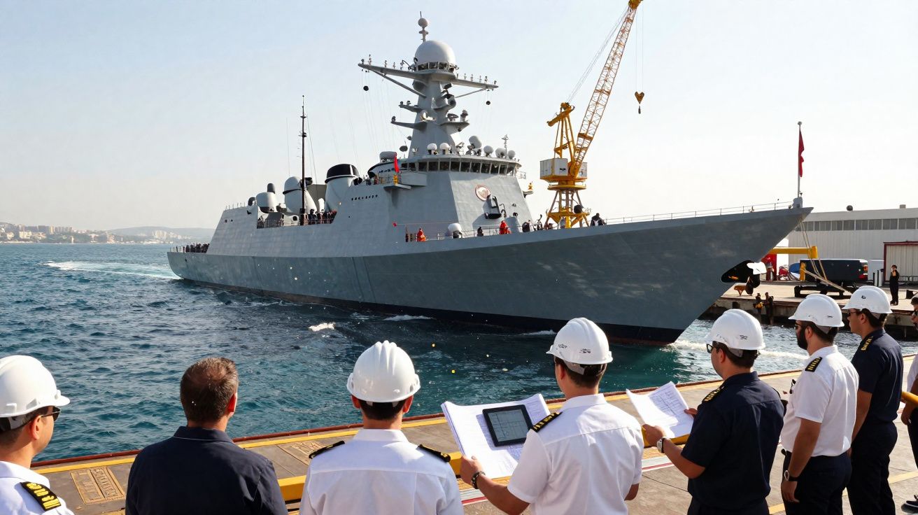 Homens com capacetes a observar e avaliar navio militar cinzento atracado num porto industrial.