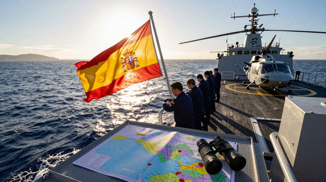 Marinheiros no convés de navio com bandeira de Espanha, mapa e binóculos ao pôr do sol no mar.