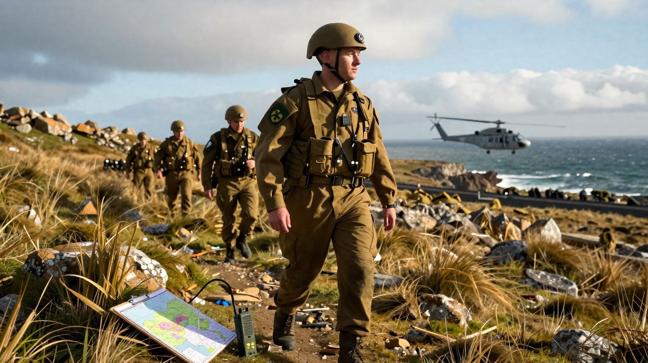 Soldados em uniforme castanho caminham em terreno rochoso junto ao mar, com helicóptero a sobrevoar ao fundo.