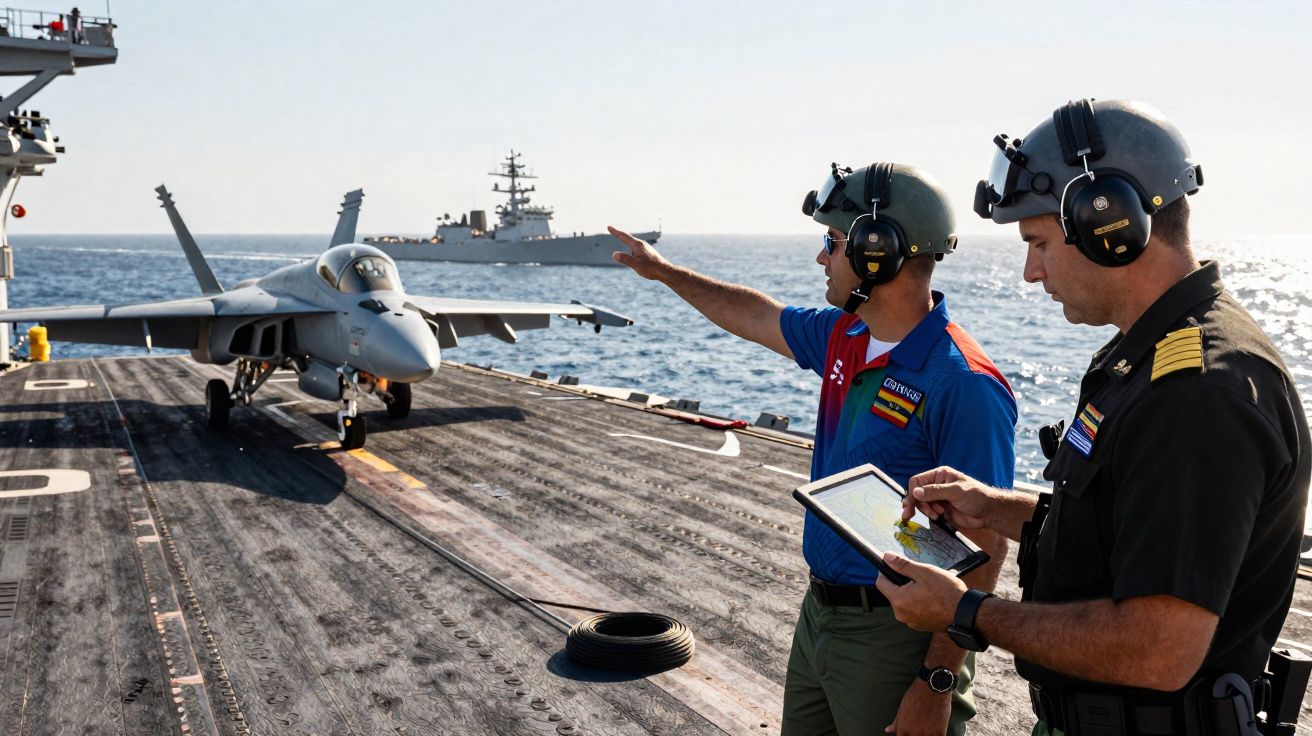 Dois militares com capacetes e rádio comunicam-se no convés de um porta-aviões junto a um caça enquanto um navio está ao fund