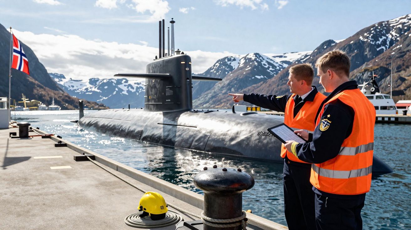Dois militares com coletes laranja junto a um submarino atracado num porto rodeado por montanhas com neve e bandeira da Norue