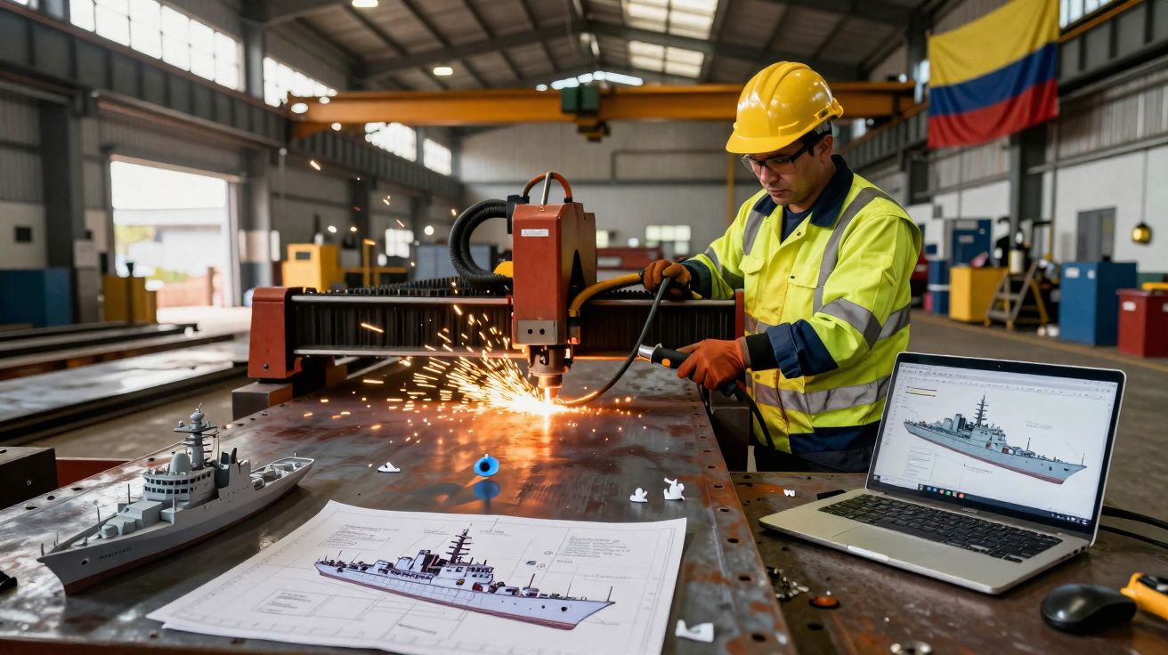 Trabalhador em capacete a cortar chapa metálica em oficina com maqueta, planta e desenho de navio ao lado.