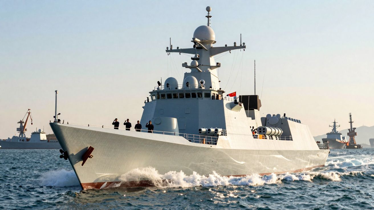 Navio de guerra moderno a navegar no mar com tripulação visível no convés.