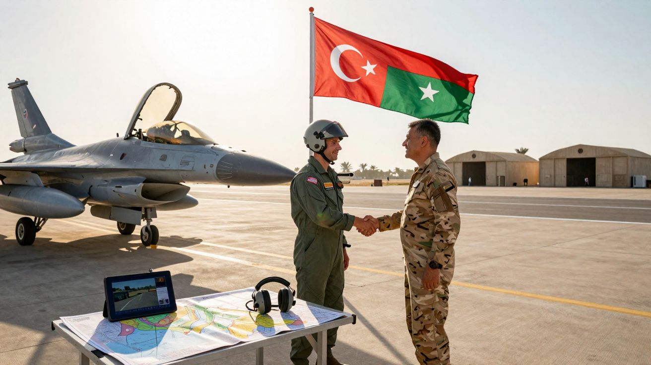 Dois militares, um em fato de voo e outro em uniforme camuflado, apertam as mãos junto a jato militar e bandeira.