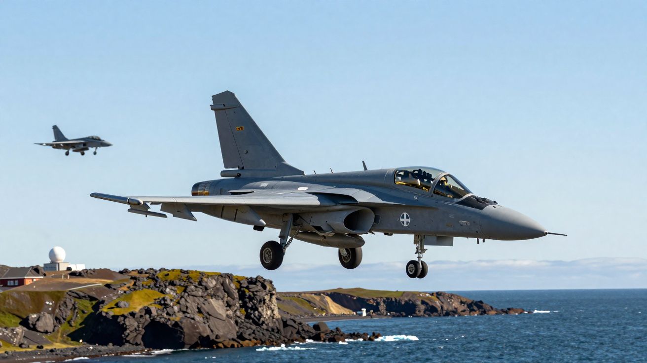 Dois aviões militares a voar junto à costa rochosa com mar e céu limpo ao fundo.