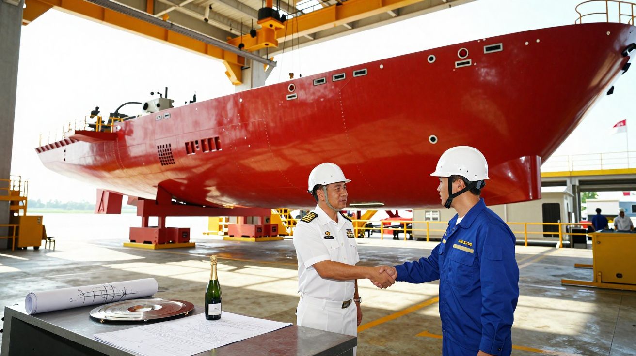 Dois homens de capacete apertam as mãos numa doca com um barco vermelho enorme ao fundo.