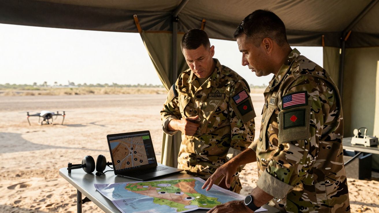 Dois militares em uniforme camuflado analisam um mapa e um computador numa tenda no deserto.