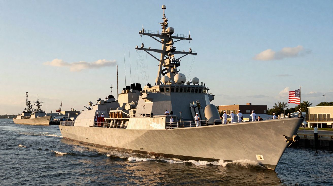 Porta-aviões militar cinzento com várias pessoas a bordo navegando numa baía ao pôr do sol.