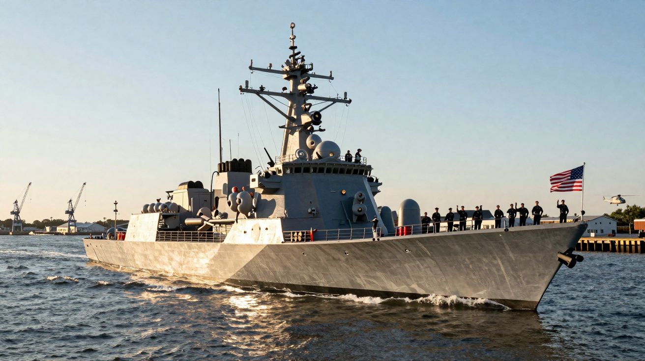 Navio de guerra militar com tripulação no convés e bandeira dos EUA navegando ao pôr do sol.