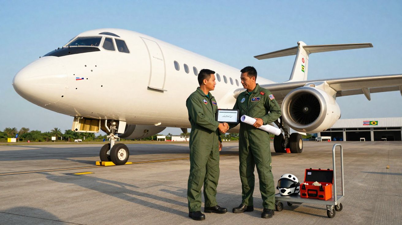 Dois pilotos em uniformes verdes trocam documentos à frente de um avião branco estacionado numa pista de aeroporto.