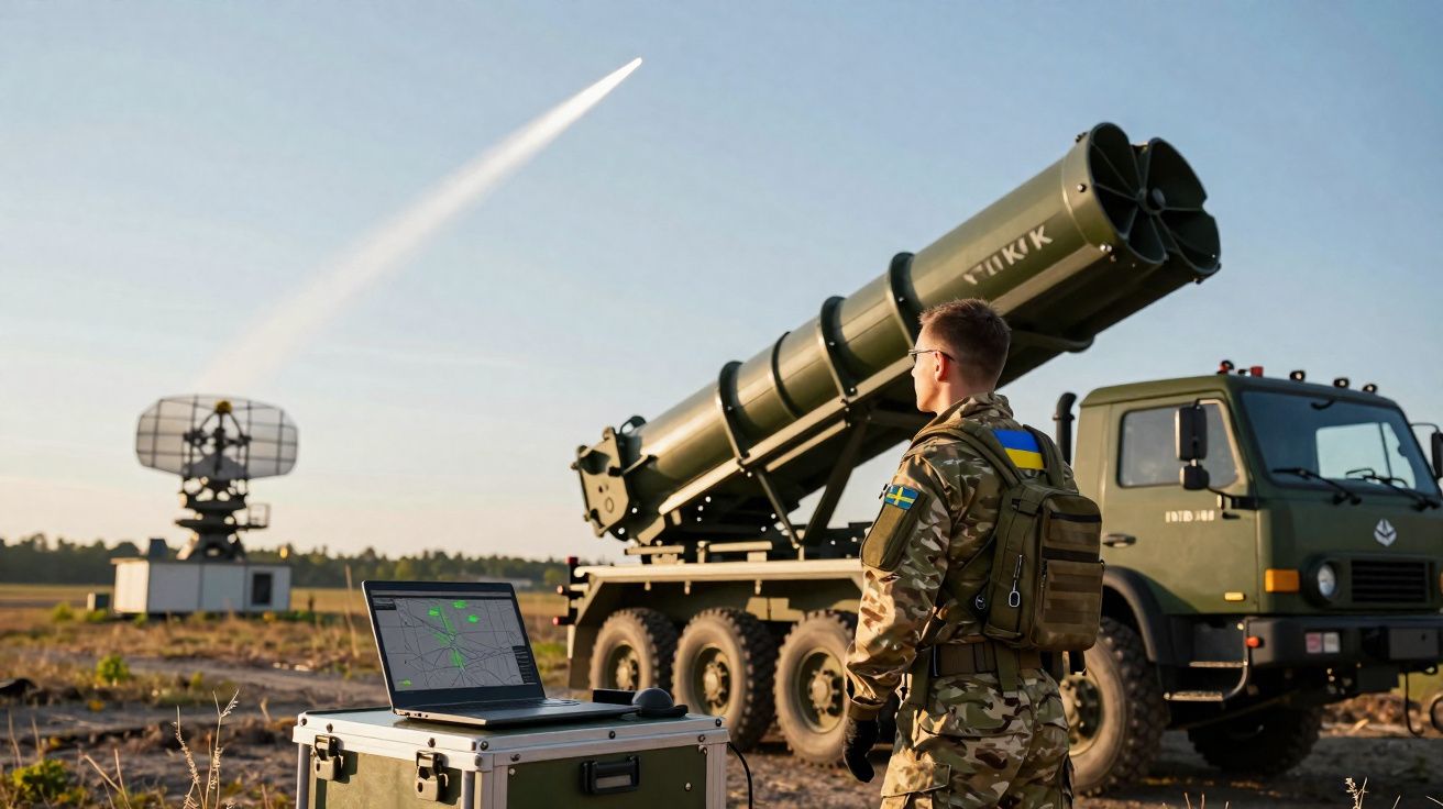 Soldado em uniforme militar observa lançamento de míssil guiado em campo aberto com equipamento tecnológico.