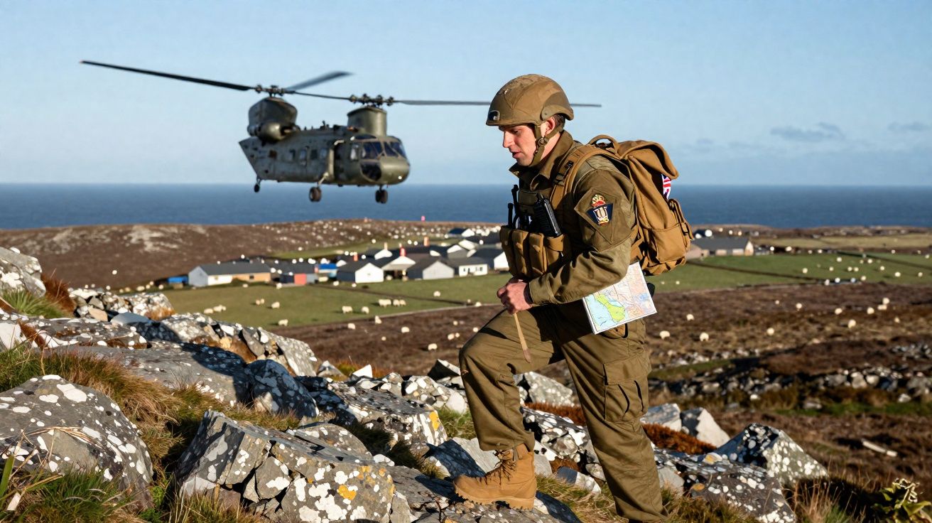 Soldado com equipamento militar sobe montanha enquanto helicóptero voa em área rural costeira.