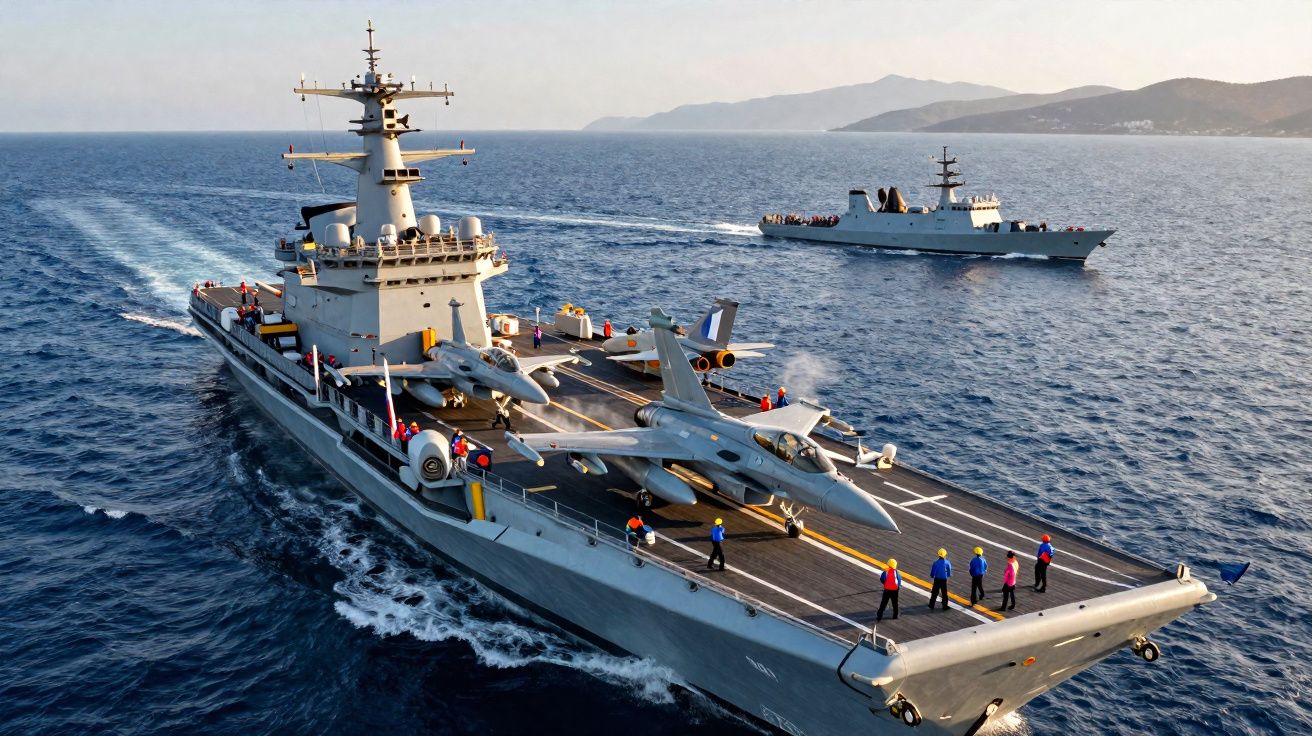 Porta-aviões militar no mar com dois caças em cima e tripulantes no convés durante o dia.