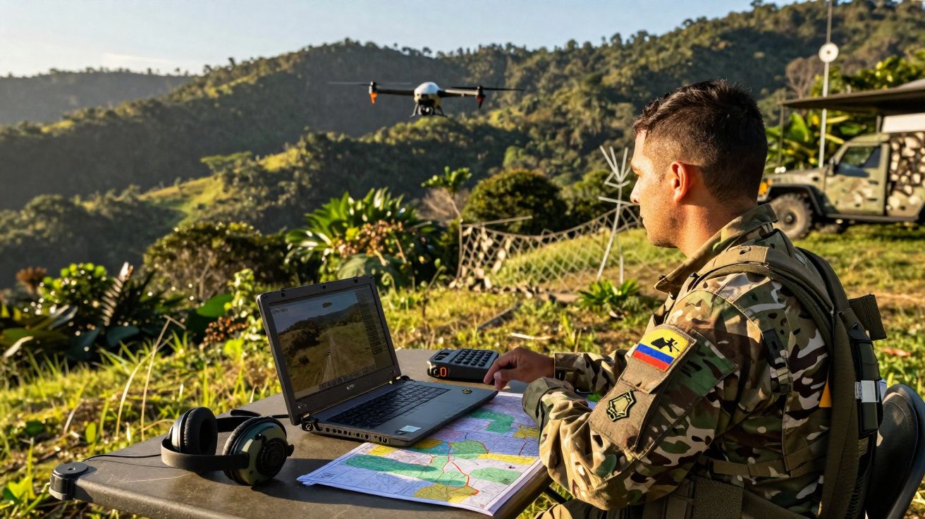 Soldado em uniforme camuflado controla drone com laptop e mapa numa paisagem rural montanhosa.
