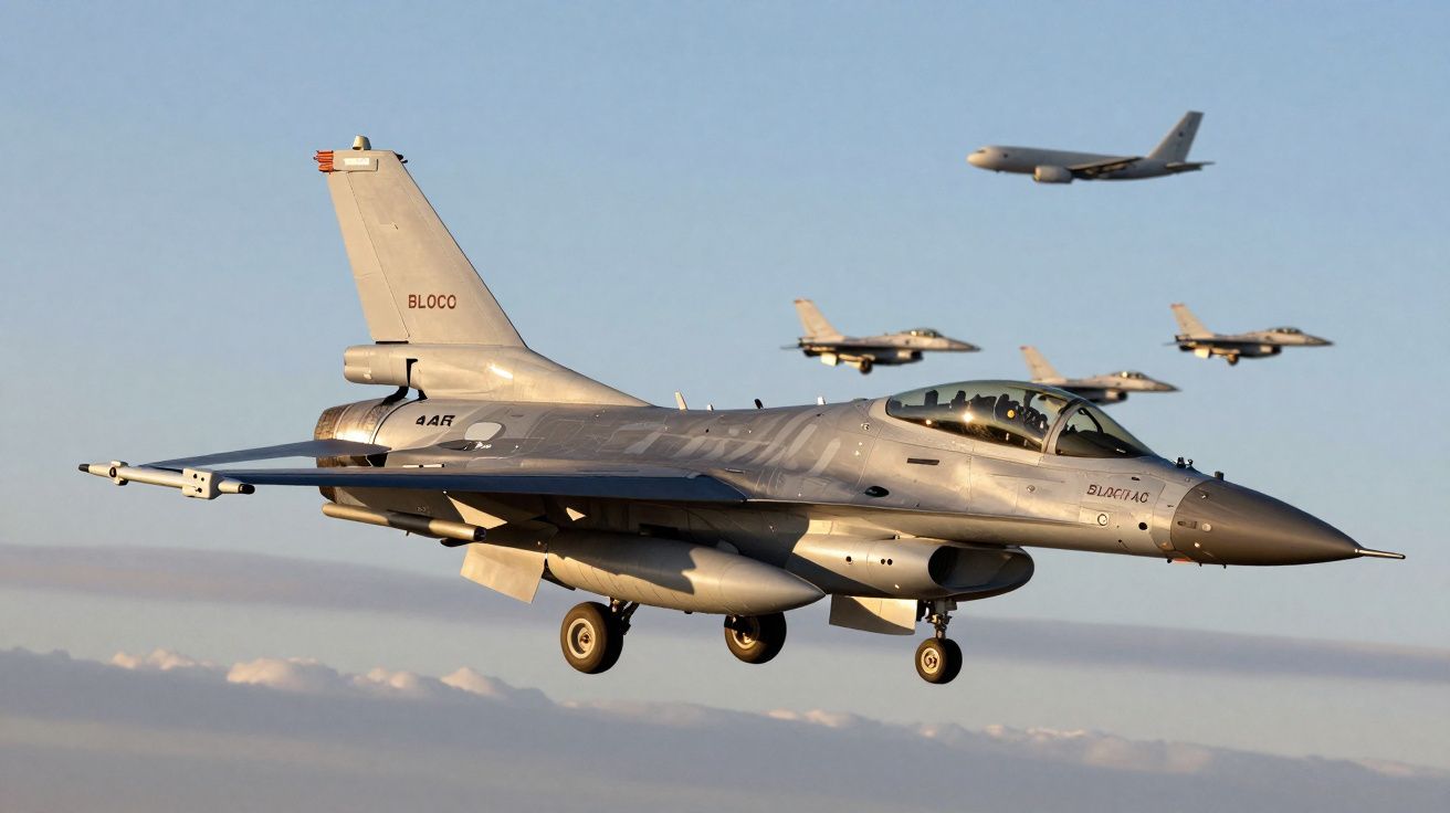 Caça F-16 em primeiro plano com três caças semelhantes e avião militar de transporte ao fundo em voo.