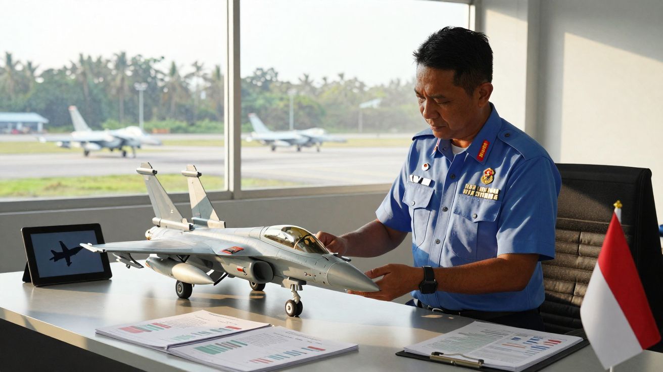 Homem em uniforme azul manipula modelo de avião de caça numa mesa com documentos, perto de janela com vista para pista.
