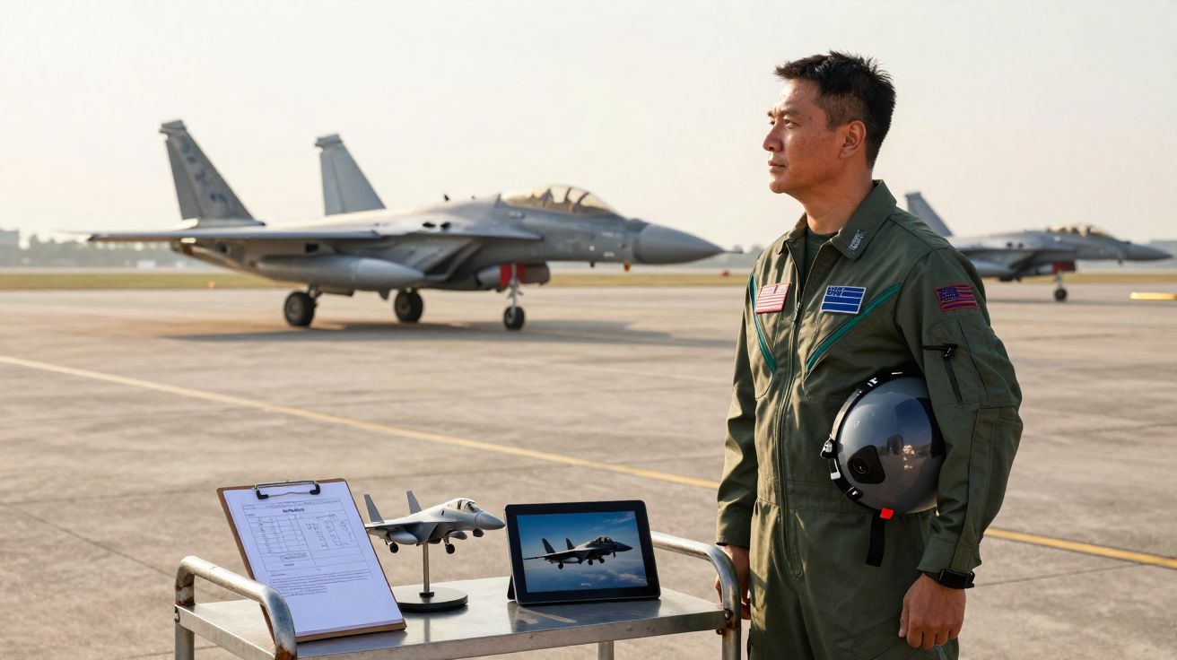 Piloto militar em fato de voo junto a aviões de combate e maquete numa pista de aeroporto militar.