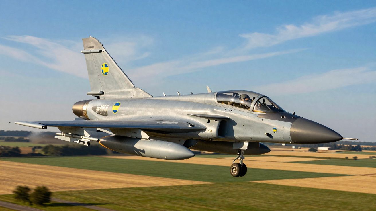 Avião de caça sueco em voo baixo sobre campos agrícolas com céu azul e algumas nuvens.