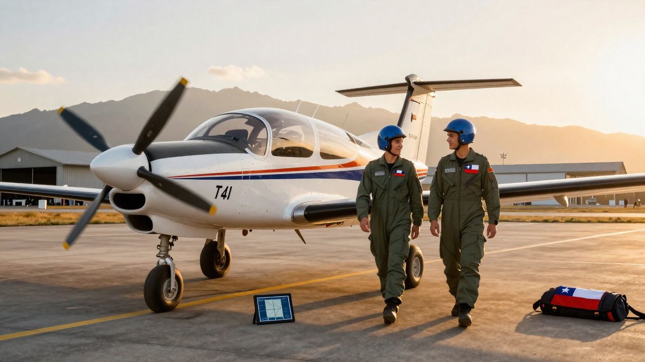 Dois pilotos com fato de voo e capacete azul junto a um avião pequeno numa pista ao pôr do sol.