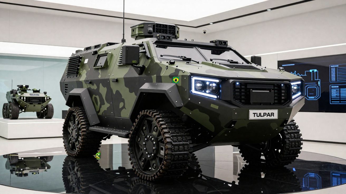 Veículo militar blindado camuflado verde com lagartas e faróis LED, design robusto exposto em exposição.