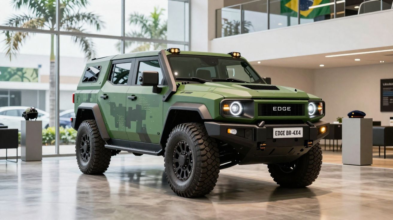 Jipe todo-o-terreno verde camuflado exposto num salão moderno com janelas grandes e palmeiras ao fundo.