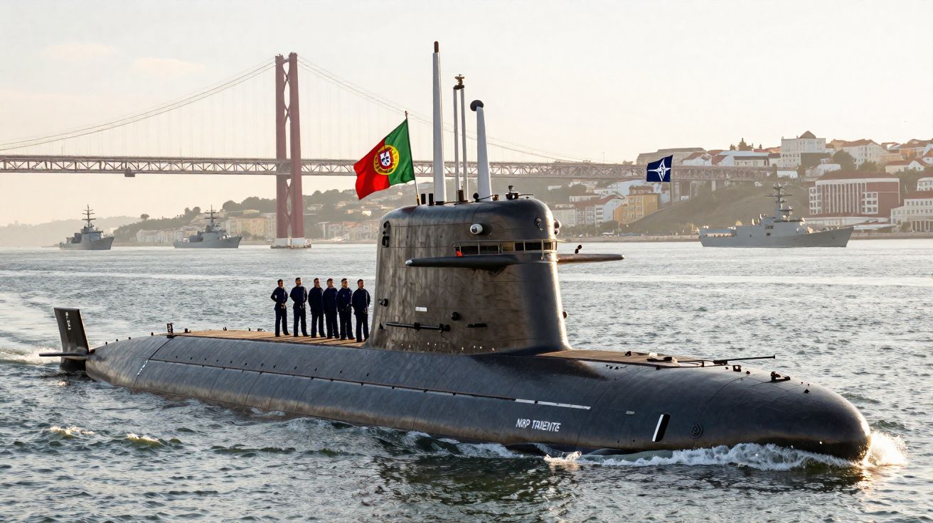 Submarino NRP Tridente com tripulação a bordo navegando em Lisboa com a Ponte 25 de Abril ao fundo.