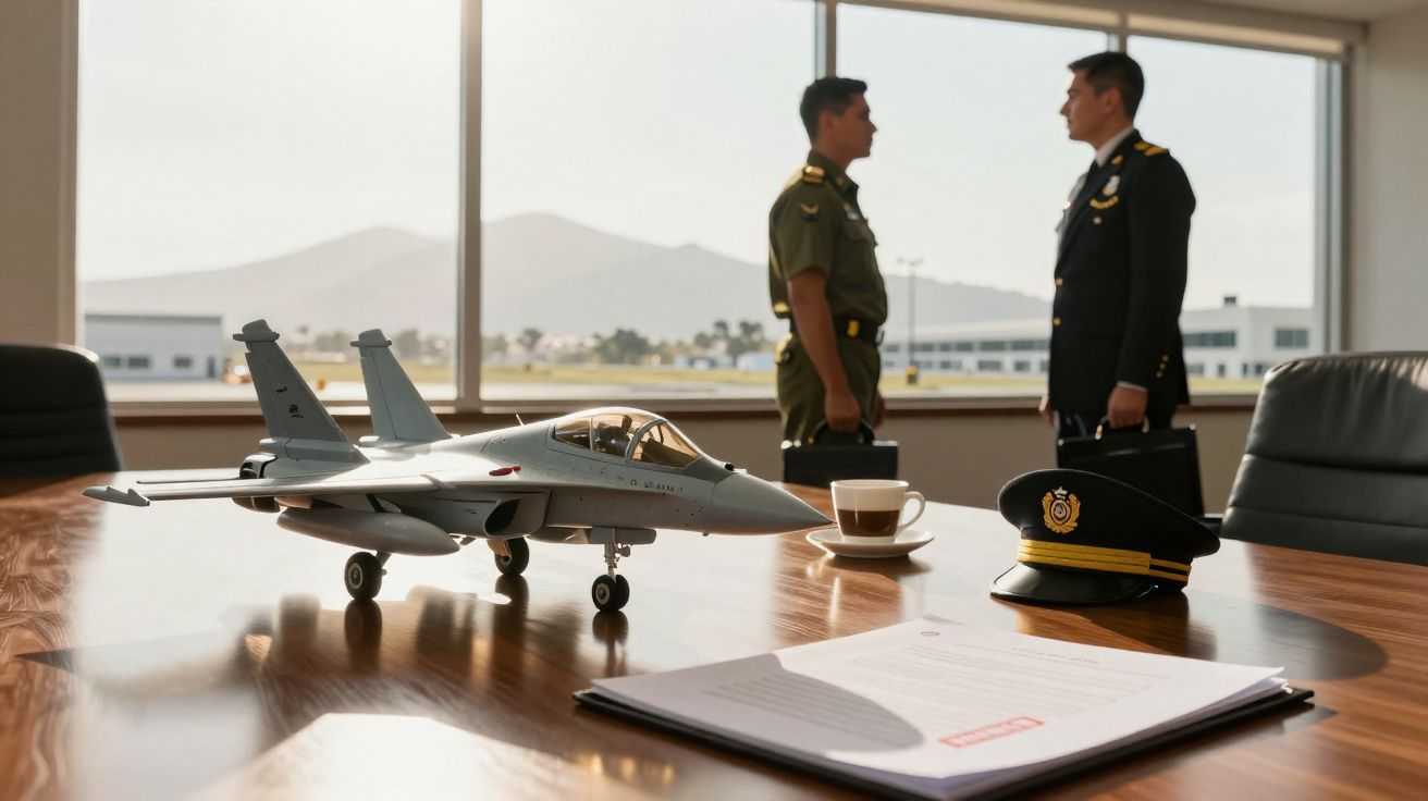 Modelo de avião militar numa mesa de reunião com dois militares ao fundo a discutir perto de uma janela.