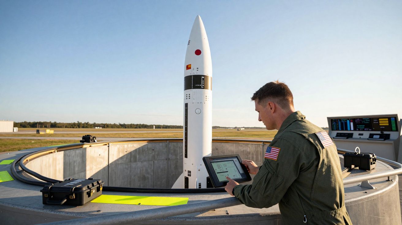 Militar americano a operar um tablet junto a um míssil lançado de silo ao ar livre.