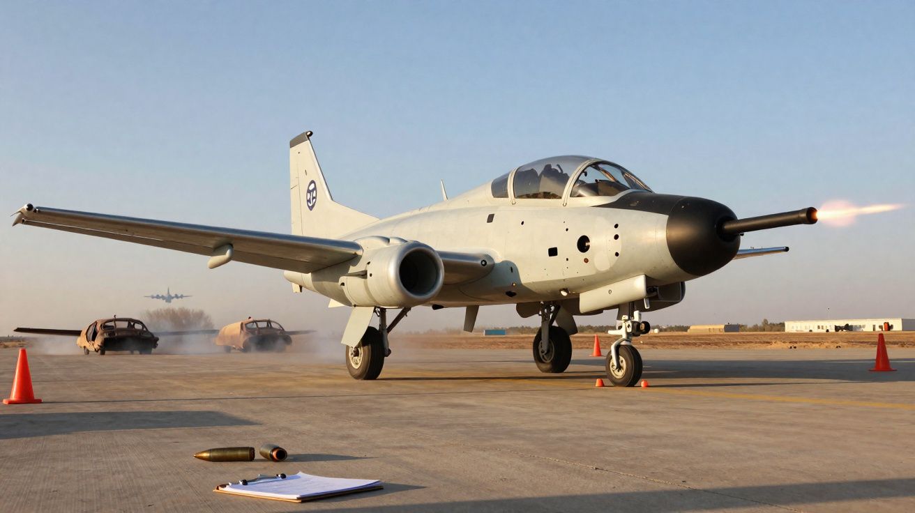 Avião militar a disparar projétil enquanto está parado numa pista de aeroporto ao pôr do sol.