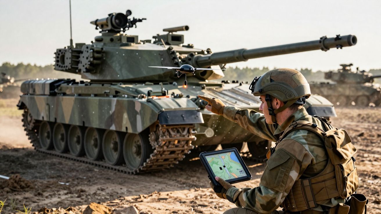 Soldado controla drone com tablet em campo de treino militar junto a tanque camuflado.