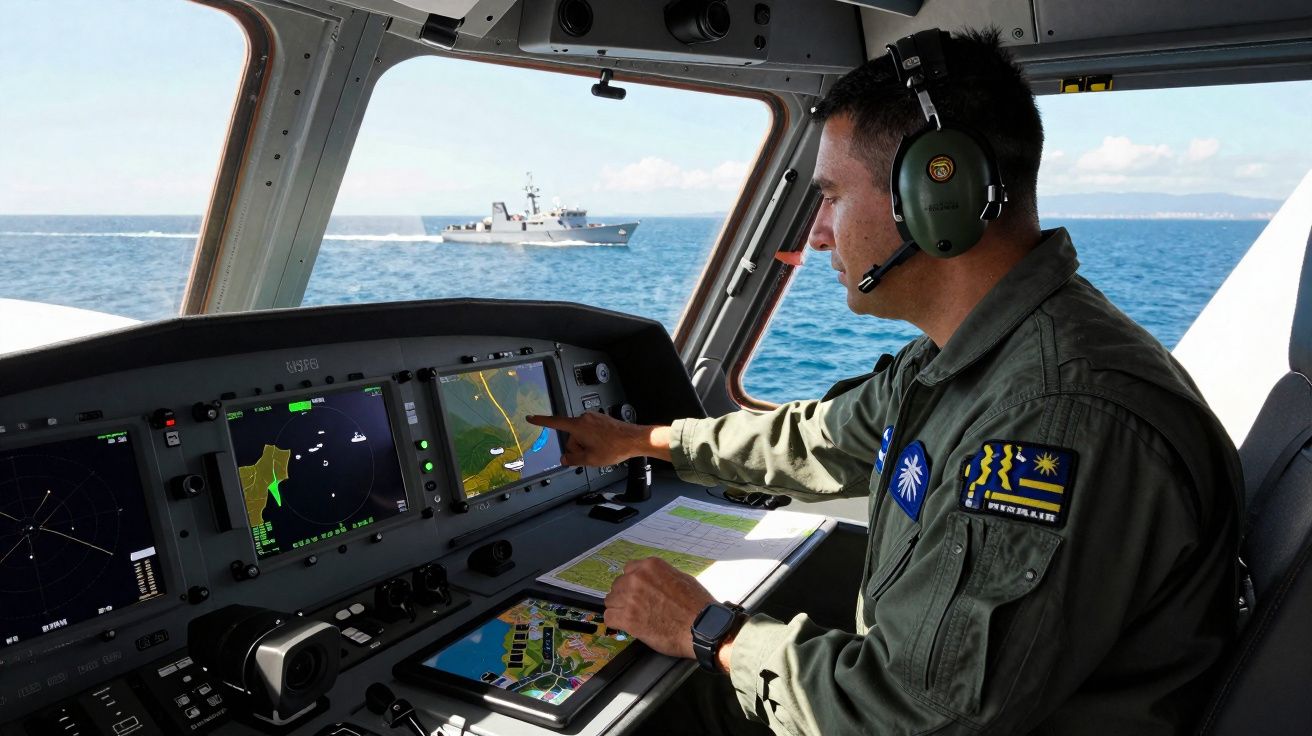 Homem com fones e uniforme militar opera radares num cockpit de aeronave com mar ao fundo e navio visível pela janela.