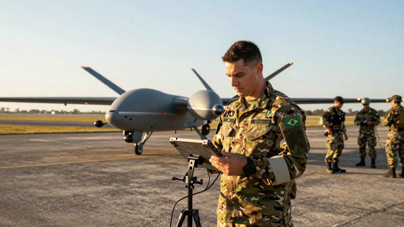 Militar brasileiro com tablet em campo de aviação, drone militar grande e outros soldados ao fundo.