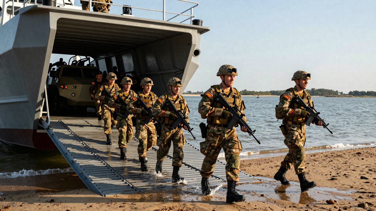 Soldados armados em uniforme camuflado desembarcando de um barco militar numa praia.