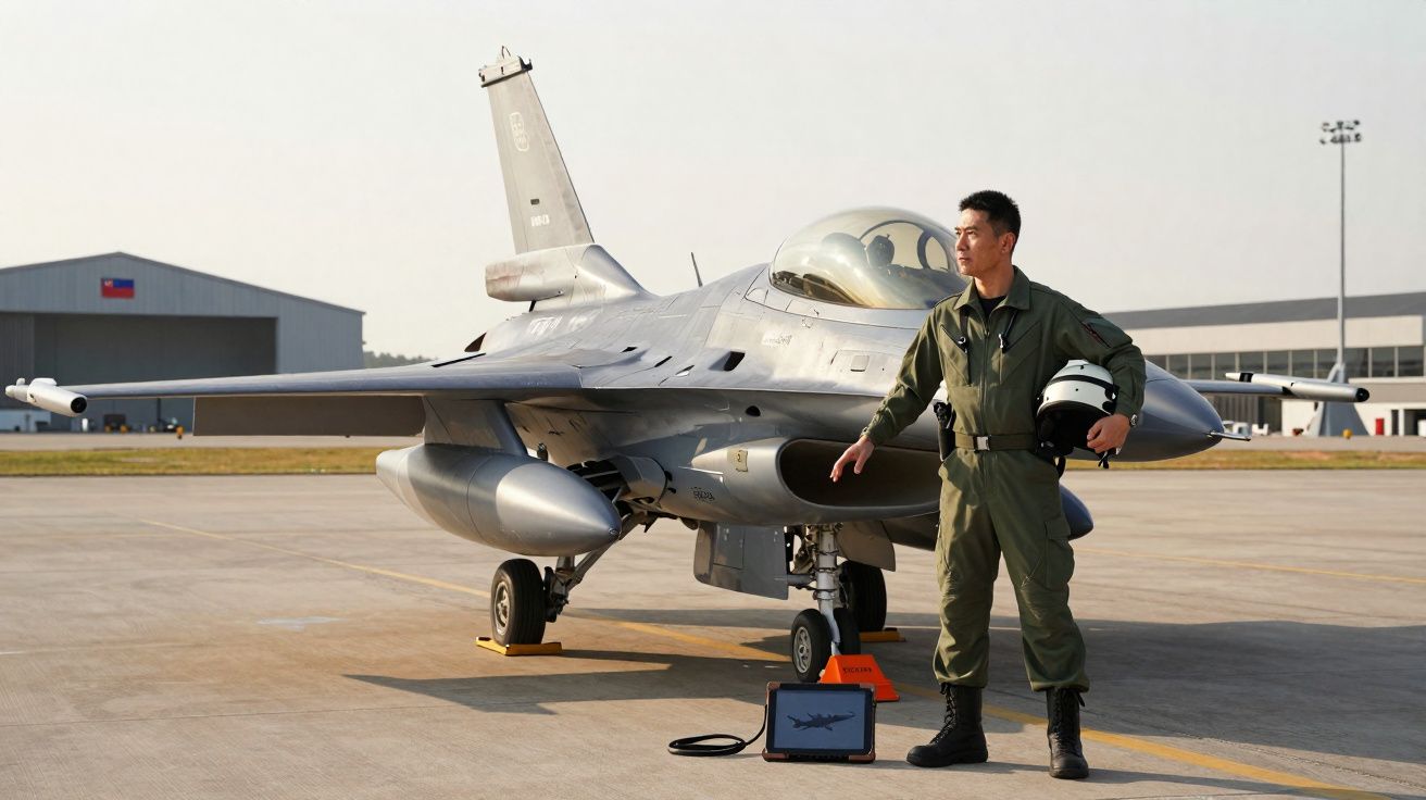 Piloto militar em fato de voo com capacete na mão ao lado de caça estacionado no aeroporto militar.