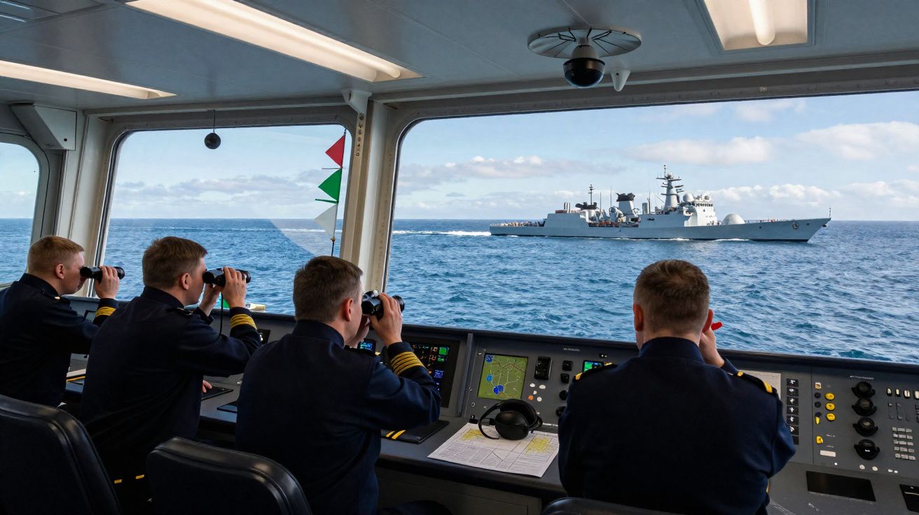 Quatro militares observam com binóculos a passagem de um navio de guerra através da ponte de comando.